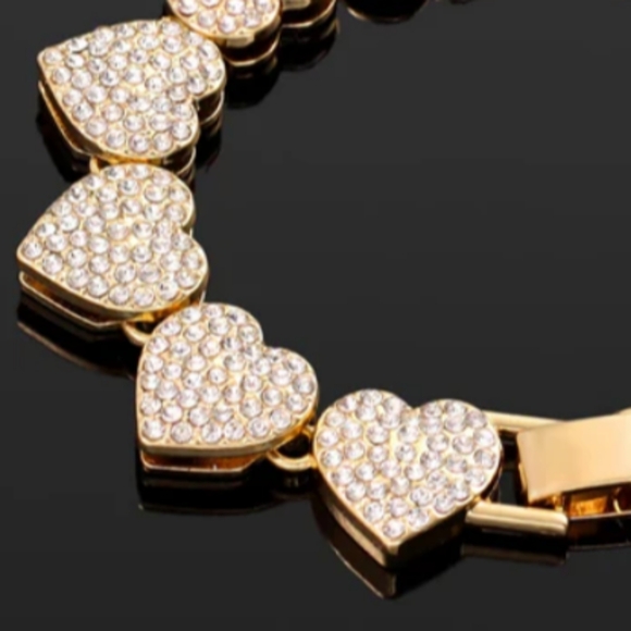 Pave Iced CZ Crystal Gold Heart Links Bracelet Rhinestone Hearts Unisex Women - Picture 3 of 10